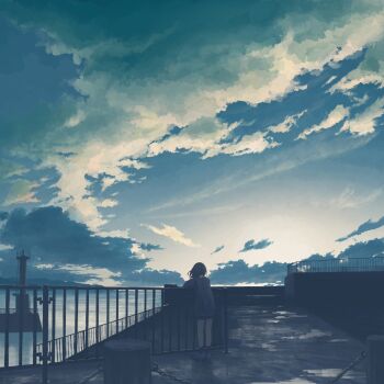 1girl against_railing backlighting blue_sky cloud cloudy_sky dawn facing_away from_behind gensuke_(ryun) gradient_sky harbor highres original outdoors railing scenery shoes short_shorts shorts sky socks solo standing white_sky wide_shot
