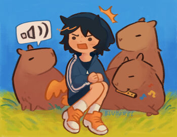 1boy ^^^ animal beanie bird_boy bird_tail bird_wings black_hair black_shorts bluberei blue_hat blue_jacket capybara chibi chibi_only commentary duck_boy english_commentary flute grass hat highres instrument jacket male_focus minecraft_youtube mouth_hold musical_note open_mouth outdoors quackity quackity_smp shoes short_hair shorts signature sitting sneakers socks solid_circle_eyes solo speech_bubble surprised tail track_jacket white_socks wings yellow_shoes
