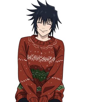 1girl breasts christmas_sweater closed_eyes eyelashes highres jujutsu_kaisen medium_breasts megumi's_mother_(jujutsu_kaisen) red_sweater simple_background smile spiked_hair sweater upper_body v0idzenin white_background