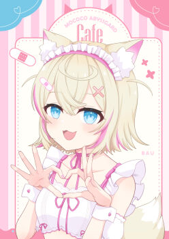 Rule 34 | 1girl, animal ear fluff, animal ears, apron, aqua eyes, bandaid, bandaid hair ornament, blonde hair, breasts, character name, collarbone, commentary request, dog ears, dog girl, four-finger heart hands, frilled apron, frilled hairband, frills, hair ornament, hairband, heart, heart hands, highres, hololive, hololive english, looking at viewer, maid, maid apron, mococo abyssgard, multicolored hair, open mouth, piatin, pink hair, pink nails, short hair, small breasts, smile, solo, upper body, virtual youtuber, white apron, wrist cuffs, x hair ornament