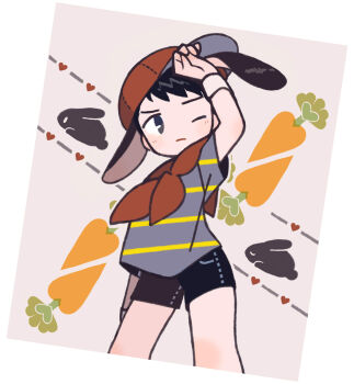 Rule 34 | 1boy, animal ears, arm up, baseball cap, black hair, black shorts, blue shirt, border, carrot, closed mouth, commentary request, hat, highres, kemonomimi mode, lop rabbit ears, male focus, mother (series), mother 1, neckerchief, ninten, nintendo, one eye closed, rabbit, rabbit ears, red hat, red neckerchief, shirt, shorts, solo, standing, striped clothes, striped shirt, tanba (tanba-art), white border, wristband