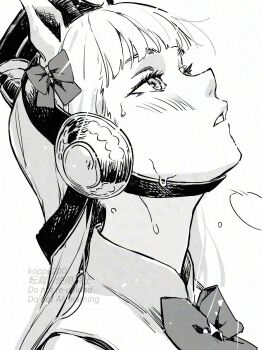 Rule 34 | 1girl, animal ears, artist name, blunt bangs, bow, bowtie, breasts, dress, ear bow, gold ship (red strife) (umamusume), gold ship (umamusume), hat, highres, horse ears, horse girl, koppe koppe, long hair, monochrome, open mouth, pillbox hat, solo, umamusume