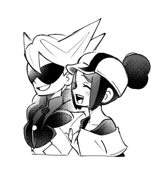1boy 1girl bettie_(pokemon) blush closed_eyes commentary cropped_torso from_side greyscale hair_bun hat highres k_lisl lear_(pokemon) monochrome necktie nintendo open_mouth pokemon pokemon_masters_ex spiked_hair sunglasses symbol-only_commentary teeth upper_body upper_teeth_only