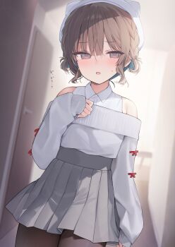 1girl absurdres aqua_hair black_pantyhose blurry blush bow brown_eyes brown_hair colored_inner_hair commentary_request depth_of_field hat highres long_sleeves looking_at_viewer multicolored_hair off-shoulder_sweater off_shoulder okishiro_momoka_(shin_no_tenpii) original pantyhose parted_lips pleated_skirt red_bow shin_no_tenpii shirt short_hair skirt sleeves_past_wrists solo sweatdrop sweater white_hat white_shirt white_sweater