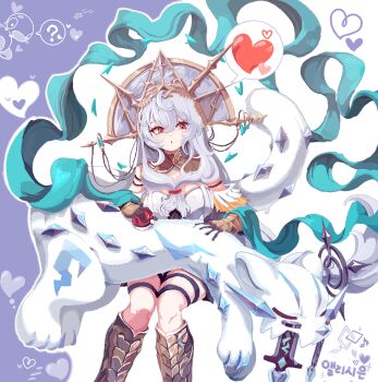 1girl arknights boots chien-pao commentary_request commission crossover gen_2_pokemon grey_hair grey_hat hair_between_eyes hat heart highres long_hair nintendo parted_lips petting poke_ball poke_ball_(basic) pokemon pokemon_(creature) porygon2 red_eyes skadi_(arknights) spoken_heart ttrtag