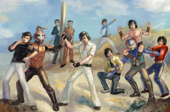 6+boys amibazh black_hair bound choke_hold cloud commentary_request dynamic_pose fighting fingerless_gloves gloves hongou_takeshi ichimonji_hayato jin_keisuke jou_shigeru kamen_rider multiple_boys pincers restrained sasori_man strangling tied_up_(nonsexual) topless_male yamamoto_daisuke