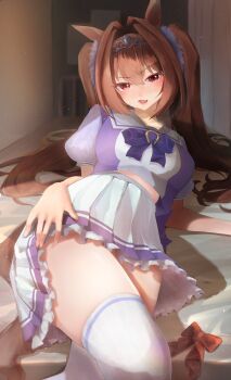 1girl animal_ears blush breasts brown_hair cowboy_shot daiwa_scarlet_(umamusume) fangs hair_intakes highres horse_ears horse_girl horse_tail kohakuno large_breasts long_hair looking_at_viewer lying on_back on_bed open_mouth pleated_skirt puffy_short_sleeves puffy_sleeves red_eyes school_uniform short_sleeves skin_fangs skirt solo tail thighhighs tiara tracen_school_uniform twintails umamusume very_long_hair