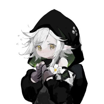 1girl arknights black_jacket black_shirt chinese_commentary closed_mouth commentary_request flower flying_sweatdrops gloves grey_gloves highres hood hood_up hooded_jacket jacket medium_hair nervous own_hands_together partially_fingerless_gloves pointy_ears shirt simple_background sketch solo swept_bangs tomimi_(arknights) vihua6 white_background white_flower white_hair yellow_eyes