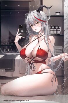 1girl aegir_(azur_lane) azur_lane bad_source bare_shoulders bathroom bikini breasts highres horns large_breasts long_hair multicolored_hair navel official_art selfie sitting solo swimsuit thighs white_hair yellow_eyes