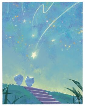 2others :3 absurdres chibikemo chiikawa chiikawa_(character) creature grass hachiware_(chiikawa) highres hill mel0nyans multiple_others other_focus shooting_star sky stairs star_(sky) starry_sky