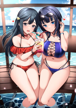 2girls asaka_karin bench bikini black_hair blue_eyes blue_sky blunt_bangs breasts cleavage cloud day drinking_straw eyewear_on_head feet_out_of_frame green_eyes hair_ornament hairclip highres horizon large_breasts long_hair love_live! love_live!_nijigasaki_high_school_idol_club medium_breasts multi-strapped_bikini multiple_girls nail_polish ocean outdoors red_bikini red_nails rumo shared_drink side-tie_bikini_bottom sky smile soaking_feet sunglasses swimsuit yuki_setsuna