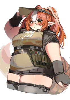 1girl absurdres arknights belt belt_buckle blush breasts buckle cowboy_shot cropped_legs earrings fat fingerless_gloves glasses gloves grey_gloves grey_thighhighs hair_between_eyes highres jewelry large_breasts looking_at_viewer multicolored_hair nimo_(b45ui) orange_hair parted_lips plump pointy_ears short_sleeves simple_background snake_tail solo tail thick_arms thick_thighs thighhighs thighs two-tone_hair white_background white_hair wulfenite_(arknights) yellow_eyes zipper