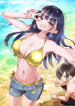 1boy 1girl absurdres alternate_costume beach bikini bikini_bottom_under_shorts bikini_under_clothes black_hair blue_eyes blush boku_no_kokoro_no_yabai_yatsu breasts brown_eyes cleavage collarbone commentary_request day denim denim_shorts earrings gold_bikini grin hair_over_one_eye hands_up highres hoop_earrings ichikawa_kyoutarou jewelry large_breasts long_hair m2bou male_swimwear mole mole_on_neck multiple_moles navel outdoors paid_reward_available ringed_eyes sand selfie shirt shore short_hair short_shorts shorts side-tie_bikini_bottom smile squatting standing string_bikini swimsuit v v_over_eye variant_set water yamada_anna