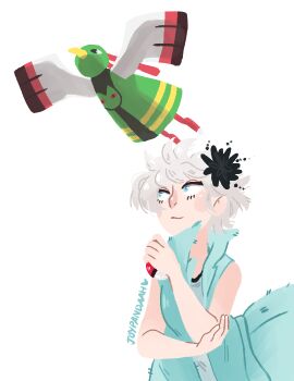 Rule 34 | 1girl, artist name, black flower, blue eyes, blue jacket, blush, blush stickers, closed mouth, commentary, crossover, english commentary, eyelashes, fan request, flower, flying, gen 2 pokemon, hair flower, hair ornament, hand on own elbow, holding, holding poke ball, jacket, joypandaah, kyokugen dasshutsu, kyokugen dasshutsu adv: zennin shibou desu, nintendo, phi (kyokugen dasshutsu), poke ball, poke ball (basic), pokemon, pokemon (creature), short hair, simple background, sleeveless, sleeveless jacket, tumblr ask, upper body, white background, white hair, xatu