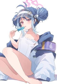 1girl absurdres antenna_hair armband bare_arms bare_legs bare_shoulders barefoot blue_archive blue_armband blue_hair breasts collarbone dot_nose double_bun feet food food_in_mouth fubuki_(blue_archive) fubuki_(swimsuit)_(blue_archive) hair_bun hair_ribbon halo hand_up highres holding_food holding_popsicle jacket jacket_partially_removed knees_up licking loli long_sleeves looking_at_viewer multicolored_hair off_shoulder official_alternate_costume old_school_swimsuit one-piece_swimsuit open_clothes open_jacket pink_halo popsicle popsicle_in_mouth purple_armband red_eyes ribbon school_swimsuit simple_background sitting small_breasts solo sonoji strap_slip sweat sweatdrop swimsuit thighs toenails toes tongue tongue_out two-tone_hair visor_cap white_background white_jacket white_one-piece_swimsuit white_ribbon wide_sleeves yokozuwari