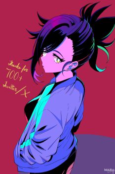 1girl asymmetrical_bangs blue_jacket breasts bright_pupils closed_mouth commentary commentary_request cowboy_shot earrings english_commentary from_side green_eyes hands_in_pockets highres jacket jewelry kurimako long_sleeves looking_at_viewer medium_breasts mixed-language_commentary open_clothes open_jacket original purple_hair red_background short_hair solo stud_earrings white_pupils