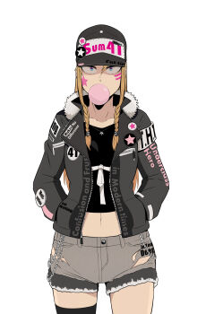 1girl absurdres baseball_cap black_hair black_shirt blonde_hair blowing_bubble_gum blue_eyes braid braided_sidelocks chain chewing_gum clothes_writing collarbone commentary cowboy_shot crop_top ear_piercing english_commentary english_text facial_mark fur-trimmed_jacket fur_trim galois grey_shorts hair_ornament hands_in_pockets hat hat_pin highres jacket jewelry long_hair midriff navel necklace original piercing shirt short_shorts shorts skull_hair_ornament solo star_(symbol) straight-on sum_41 torn_clothes torn_shorts zipper