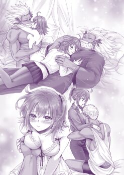 1girl 2boys =_= age_difference ahoge ass babydoll beard between_breasts between_pecs between_pectorals breast_on_chest breast_press breasts buna_s2 cleavage commentary_request completely_nude curtains dark-skinned_male dark_skin dual_persona face_between_breasts facial_hair fate/grand_order fate_(series) fujimaru_ritsuka_(female) grabbing_another&#039;s_breast greyscale groping guided_breast_grab guiding_hand head_between_breasts head_between_pecs height_difference hug medium_breasts monochrome multiple_boys muscular muscular_male nude old old_man one_side_up pectorals ptolemy_(fate) ptolemy_(first_ascension)_(fate) ptolemy_(third_ascension)_(fate) robe size_difference