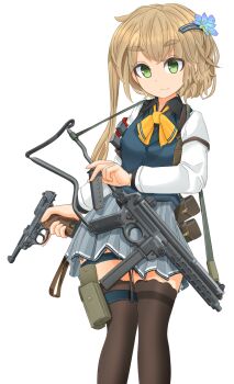 Rule 34 | 1girl, black thighhighs, black vest, carrying, closed mouth, collared shirt, commentary request, dress shirt, female focus, flower, green eyes, grey skirt, gun, gun sling, hair flower, hair ornament, hairclip, handgun, harness, highres, holding, holding gun, holding weapon, light brown hair, looking at viewer, magazine (weapon), mikeran (mikelan), miniskirt, neck ribbon, orange ribbon, original, partial commentary, pistol, pleated skirt, pouch, ribbon, school uniform, shirt, short hair, short hair with long locks, single horizontal stripe, skirt, smile, solo, standing, submachine gun, thigh pouch, thighhighs, vest, walther, walther mp, walther p4, weapon, white shirt, witness holes