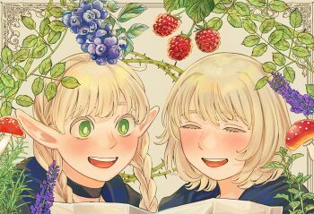 2girls alt_text berry black_choker blonde_hair blue_capelet blueberry blush braid bright_pupils capelet choker closed_eyes colored_eyelashes commentary_request dungeon_meshi elf falin_touden falin_touden_(tallman) flower food fruit green_eyes grey_background highres hood hooded_capelet leaf long_hair looking_down map marcille_donato multiple_girls mushroom open_mouth pointy_ears portrait purple_flower raspberry sasakura34 short_hair smile teeth thorns twin_braids upper_teeth_only white_pupils