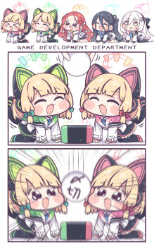 Rule 34 | 5girls, :3, :d, ^ ^, all fours, anger vein, animal ear headphones, animal ears, aris (blue archive), black hair, black shorts, black skirt, black thighhighs, blonde hair, blue archive, blue halo, blue necktie, blunt bangs, blush stickers, bow, cat ear headphones, cat ears, chibi, chibi only, closed eyes, closed mouth, commentary request, emphasis lines, fake animal ears, frilled skirt, frills, full body, game development department (blue archive), green bow, green halo, hair bow, halo, headphones, highres, jacket, kei (blue archive), kei (new body) (blue archive), long hair, long sleeves, meme, midori (blue archive), momoi (blue archive), motion blur, multiple girls, necktie, nintendo switch, o o, open mouth, pink halo, red bow, red hair, red halo, red shoes, shoes, short hair, shorts, simple background, skirt, smile, speakiposting (meme), striped clothes, striped thighhighs, takahero, tears, thighhighs, trickcal, white background, white hair, white jacket, yellow halo, yuzu (blue archive)