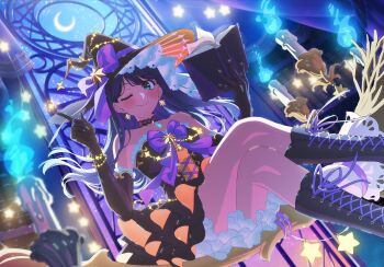 1girl absurdres bare_shoulders blue_eyes blue_hair blush boots breasts closed_mouth crescent dress gloves halloween halloween_costume hat highres kurokawa_akane large_hat long_hair looking_at_viewer moon official_art one_eye_closed oshi_no_ko sitting sleeveless smile solo star_(sky) star_(symbol) witch witch_hat