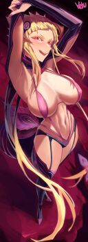 1girl absurdres aged_up alternate_breast_size_(larger) alternate_hair_length alternate_hairstyle armpits arms_up black_boots black_bridal_gauntlets black_shorts black_shrug blonde_hair blunt_bangs blush boots breasts bridal_gauntlets capella_emerada_lugnica cleavage commentary fang fingernails flesh_storage_bulbs full_body highres large_breasts licking_lips long_fingernails looking_at_viewer micro_shorts navel open_mouth pink_eyes purple_nails purple_slingshot_swimsuit re:zero_kara_hajimeru_isekai_seikatsu shadow shorts shrug_(clothing) sidelocks signature skindentation slingshot_swimsuit smile solo standing stomach swimsuit teeth thigh_boots toned toned_female tongue tongue_out upper_teeth_only vtoku