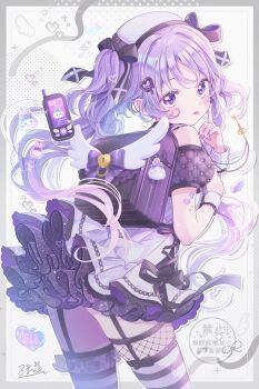 Rule 34 | 1girl, absurdres, backpack, bag, bare shoulders, black bag, black bow, blush, bow, closed mouth, commentary request, cowboy shot, dress, frilled dress, frills, from behind, garter straps, hair bow, hand up, hat, highres, index finger raised, kousagi, long hair, looking at viewer, nail polish, original, phone, purple eyes, purple hair, purple nails, purple thighhighs, randoseru, short sleeves, signature, solo, striped clothes, striped thighhighs, thighhighs, twintails, watermark, white background, white dress, white hat