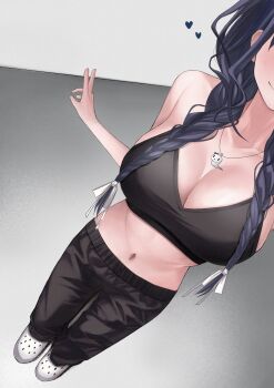 1girl black_hair black_pants black_sports_bra boros_(ouro_kronii) breasts commentary crocs english_commentary hair_ribbon heart highres hololive hololive_english huge_breasts jewelry low_twintails navel necklace ouro_kronii pants ribbon selfie solo sports_bra standing twintails unmeidesu virtual_youtuber white_ribbon