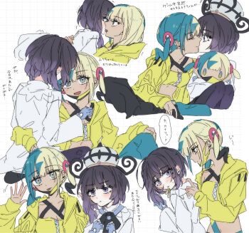 2girls black_hair blonde_hair blue_hair blush bob_cut canari_(pokemon) canari_plush_(pokemon) character_doll closed_mouth coat crop_top dark-skinned_female dark_skin doll french_kiss gradient_hair grid_background gwynn_(pokemon) hat hickey highres jacket kiss long_sleeves looking_at_another multicolored_hair multiple_girls nintendo open_clothes open_jacket open_mouth pokemon pokemon_legends:_z-a pout purple_eyes purple_hair sakizome short_hair split-color_hair tears tongue tongue_out translation_request twintails white_coat yellow_jacket yuri