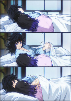 1boy 1girl absurdres aqua_kimono black_hair blue_eyes closed_eyes collarbone fingernails from_behind highres hug indoors japanese_clothes kimetsu_no_yaiba kimono kochou_shinobu long_hair looking_at_another lying multicolored_hair niku_(ni23ku) on_bed parted_lips pink_kimono purple_hair tomioka_giyuu two-tone_hair