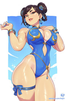 1girl bare_shoulders bead_bracelet beads biceps blue_flower blue_nails blue_one-piece_swimsuit border bracelet braid breasts brown_eyes brown_hair capcom casual_one-piece_swimsuit chun-li commentary cowboy_shot double_bun earrings english_commentary flower hair_bun hair_flower hair_ornament hand_on_own_chest highleg highleg_one-piece_swimsuit highres jewelry kajin_(kajinman) large_breasts legs_together looking_at_viewer mole mole_on_breast nail_polish official_alternate_costume one-piece_swimsuit outside_border parted_lips patreon_username shiny_skin signature smile solo sparkle standing street_fighter street_fighter_6 swimsuit thigh_strap toned toned_female very_long_fingernails watermark web_address white_border
