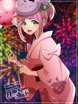 1girl :d absurdres aerial_fireworks arched_bangs balloon character_mask commentary_request eyelashes fireworks from_side gen_2_pokemon gen_7_pokemon granbull hair_ornament highres holding japanese_clothes kimono lacey_(pokemon) looking_to_the_side mask mask_on_head minior night nintendo open_mouth outdoors pink_kimono pokemon pokemon_sv print_kimono purple_hair red_sash sash sky smile solo tongue wagu_neru watermark yellow_eyes yukata