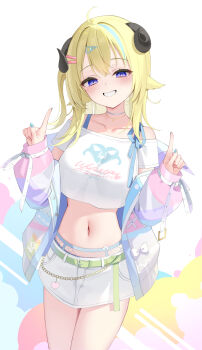 1girl :d absurdres ahoge animal_ears aqua_streaks blonde_hair bra_strap choker commentary_request cropped_shirt denim denim_skirt fishnets grin hands_up highres hololive horns index_finger_raised jacket jewelry lace lace_choker long_hair looking_at_viewer miniskirt multicolored_hair multicolored_jacket navel necklace off-shoulder_shirt off_shoulder official_alternate_costume one_side_up open_mouth purple_eyes sheep_ears sheep_girl sheep_horns shin_insh shirt skirt smile solo stomach streaked_hair t-shirt tsunomaki_watame tsunomaki_watame_(gyaru) virtual_youtuber wallet_chain white_shirt white_skirt