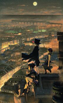 Rule 34 | 3girls, ange (princess principal), black cape, black footwear, black hair, black headwear, black pants, black shirt, boots, cape, city lights, cityscape, commentary request, dorothy (princess principal), flower, from side, full moon, hair flower, hair ornament, high heel boots, high heels, holding, katana, knee boots, long sleeves, looking away, moon, multiple girls, night, outdoors, pants, princess principal, profile, puffy pants, red flower, sheath, sheathed, shirt, sky, sleeveless, sleeveless shirt, spyglass, sword, topless female, toudou chise, wasabi60, weapon