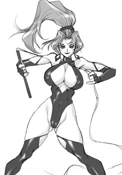 1girl bare_shoulders black_thighhighs breasts cleavage cleavage_cutout clothing_cutout covered_erect_nipples curvy earrings elbow_gloves female_focus fighting_stance fingerless_gloves floating_hair gloves halterneck high_ponytail highleg highleg_leotard highres hinokawa_jun holding huge_breasts jewelry latex legs leotard lipstick long_hair looking_at_viewer makeup monochrome naughty_face open_mouth outstretched_arms partially_visible_vulva ponytail scrunchie sideboob sidelocks skin_tight skindentation smile sofia sofia_(toushinden) solo spread_arms standing thick_thighs thighhighs thighs toushinden turtleneck wavy_hair weapon wedgie whip