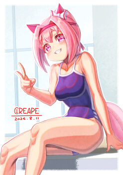 1girl animal_ears bare_shoulders blue_one-piece_swimsuit blush bow breasts collarbone commentary_request competition_school_swimsuit creape ear_bow ear_covers flower-shaped_pupils flower_in_eye grin hairband haru_urara_(umamusume) headband highres horse_ears horse_girl horse_tail long_hair medium_breasts one-piece_swimsuit open_mouth pink_eyes pink_hair pink_headband ponytail poolside red_headband school_swimsuit single_vertical_stripe sitting smile solo swimsuit symbol-shaped_pupils symbol_in_eye tail tracen_swimsuit umamusume v