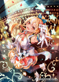 1girl armpits asymmetrical_bangs asymmetrical_legwear back_bow blonde_hair bow bow_skirt bowtie coco7 commentary_request company_name concert copyright_name crowd dark-skinned_female dark_elf dark_skin dress elf elfriend_(shiranui_flare) eyelashes falling_petals fangs frilled_skirt frilled_wrist_cuffs frills from_above gloves glowstick gold_trim hair_bow hair_ornament high_ponytail holding holding_microphone hololive hololive_idol_uniform_(origin) idol_clothes jewelry kneehighs layered_skirt long_hair looking_at_viewer microphone miniskirt multicolored_dress multicolored_hair official_alternate_costume official_art open_mouth orange_bow orange_bowtie orange_eyes overskirt penlight_(glowstick) petals pleated_skirt pointy_ears ponytail reaching reaching_towards_viewer ribbon shiranui_flare shoes short_dress single_kneehigh single_sock single_thighhigh skirt skirt_set socks solo stage stage_lights streaked_hair tail tan thighhighs vest virtual_youtuber white_gloves white_shoes wrist_cuffs