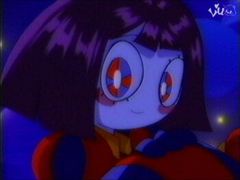 1990s_(style) 1girl asymmetrical_gloves blue_gloves blush_stickers brown_hair cosplay gloves highres jester lueduar pomni_(the_amazing_digital_circus) pomni_(the_amazing_digital_circus)_(cosplay) puffy_sleeves red_gloves retro_artstyle scene_reference short_sleeves solo striped_clothes striped_headwear the_amazing_digital_circus vertical-striped_clothes vertical-striped_headwear