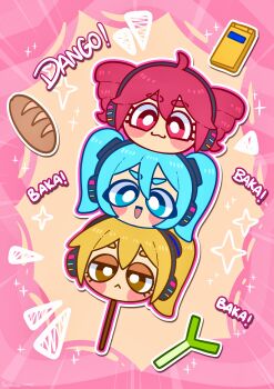 3girls :< :3 absurdres akita_neru baguette blonde_hair blue_eyes blue_hair blush_stickers bread brown_eyes cellphone chibi chibi_only commentary dango drill_hair flip_phone food foodification half-closed_eyes hatsune_miku headphones highres kasane_teto looking_at_viewer multiple_girls open_mouth phone pink_eyes pink_hair side_ponytail smile spring_onion thechibchibi thick_eyebrows triple_baka_(vocaloid) twin_drills twintails utau vocaloid wagashi