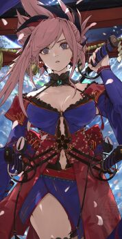 1girl black_thighhighs breasts cleavage clothing_cutout detached_sleeves dress earrings fate/grand_order fate_(series) hair_ornament halterneck highres japanese_clothes jewelry katana kimono large_breasts leaf leaf_earrings leaf_print long_sidelocks magatama maple_leaf maple_leaf_print miyamoto_musashi_(fate) navel navel_cutout necklace neko_no_kedama obi over_shoulder pink_hair ponytail red_sash sash sheath sheathed sidelocks sleeves_past_wrists solo sword thighhighs torii weapon