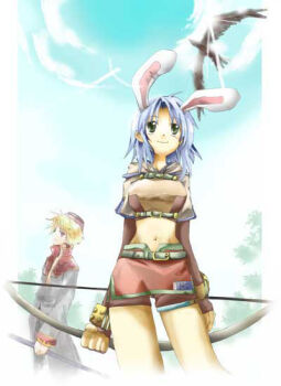 1boy 1girl 2000s_(style) animal_ears belt beretta_de_camera bird black_coat blonde_hair blue_hair blue_sky bow_(weapon) breasts brown_gloves brown_hat brown_shirt brown_shorts brown_skirt closed_mouth coat commentary_request cowboy_shot crop_top elbow_gloves fake_animal_ears falcon fingerless_gloves gloves green_belt green_eyes hat holding holding_bow_(weapon) holding_weapon hunter_(ragnarok_online) long_sleeves medium_breasts medium_hair midriff miniskirt multicolored_coat muroichi navel outdoors priest_(ragnarok_online) rabbit_ears ragnarok_online red_coat shirt short_hair short_shorts short_sleeves shorts shorts_under_skirt skirt sky smile two-tone_coat weapon