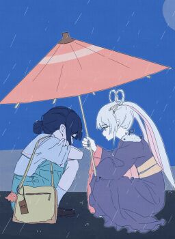 Rule 34 | 2girls, bag, bag charm, black hair, blue kimono, blue nails, blue skirt, brown bag, charm (object), cho kaguya-hime!, colored inner hair, crying, crying with eyes open, hair rings, highres, holding, holding umbrella, japanese clothes, kimono, long hair, multicolored hair, multiple girls, nail polish, obi, open mouth, pink hair, rain, runami yachiyo, sailor collar, sakayori iroha, sangdingting, sash, shirt, short sleeves, shoulder bag, skirt, socks, squatting, tears, twintails, umbrella, white hair, white sailor collar, white shirt, white socks