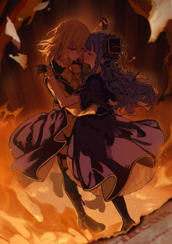 2girls absurdres arm_behind_another's_back ascot bang_dream! bang_dream!_it's_mygo!!!!! black_bow black_gloves blonde_hair blue_hair boots bow bowtie brooch burning burning_paper capelet closed_mouth coat collared_shirt commentary_request crossed_bangs dancing face-to-face fire floating floating_clothes floating_hair frilled_skirt frills full_body garter_straps gloves hachibousei_dance_(bang_dream!) hair_bow hair_ribbon hand_up hands_up hat highres holding_hands interlocked_fingers jewelry lapels long_hair long_sidelocks long_sleeves looking_at_another medium_hair misumi_uika multiple_girls neck_tassel official_alternate_costume ribbon shirt sidelocks skirt smile striped_bow tassel thighhighs togawa_sakiko usamin_(megumikira) warm_colored yuri