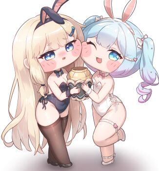 2girls absurdres animal_ears blonde_hair blue_eyes blue_hair blush chibi commentary_request covered_navel fake_animal_ears full_body hair_ornament hairclip highres holding leotard long_hair looking_at_viewer multiple_girls naia_(trickcal) one_eye_closed open_mouth playboy_bunny shasha_(trickcal) simple_background thick_thighs thighhighs thighs trickcal twintails variant_set white_background wjddn