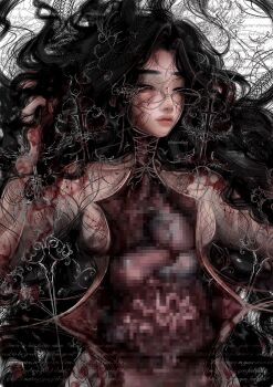 1girl black_eyes black_hair body_horror censored commentary cowboy_shot english_commentary exposed_gusset exposed_heart facing_viewer glasses guro half-closed_eyes hands_up highres impaled intestines liver long_hair lungs mosaic_censoring nude organs original paid_reward_available parted_lips sacrilaig very_long_hair