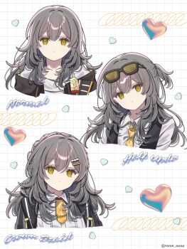 1girl alternate_costume black_jacket black_vest closed_mouth collarbone collared_shirt english_text eyewear_on_head grey_hair hair_ornament hairclip highres honkai:_star_rail honkai_(series) jacket long_hair looking_at_viewer multiple_views necktie open_clothes open_jacket shirt solo stelle_(honkai:_star_rail) trailblazer_(honkai:_star_rail) vest white_shirt yellow_eyes yellow_necktie yuma_(mron_322)