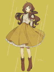 Rule 34 | 1girl, boots, brown hair, collared shirt, full body, green eyes, high heel boots, high heels, highres, long hair, long sleeves, low twintails, maco22, original, shirt, skirt, smile, solo, twintails, very long hair, yellow background