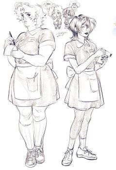2girls apron black_lips commentary ear_ornament english_commentary full_body highres looking_at_viewer monochrome multiple_girls obigoggles original plump sketch skirt thick_lips thick_thighs thighs waitress wolf_cut writing