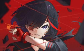 1girl black_hair black_sailor_collar black_shirt blood blood_on_arm blood_on_face closed_mouth fingerless_gloves gloves highres kill_la_kill looking_at_viewer mallo825 matoi_ryuuko multicolored_hair one_eye_closed purple_eyes red_background red_gloves red_hair sailor_collar shirt solo streaked_hair